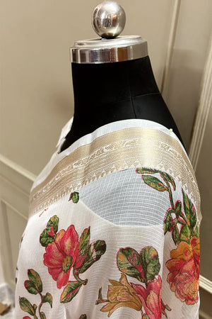 White Green Printed Muga Silk Banarasi Saree