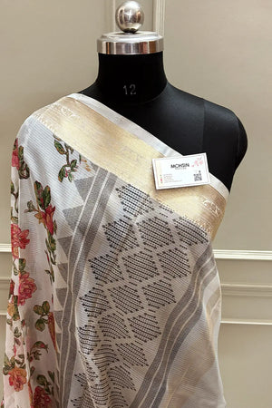 White Green Printed Muga Silk Banarasi Saree