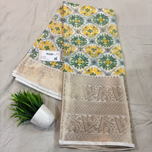 White Green Printed Muga Silk Banarasi Saree