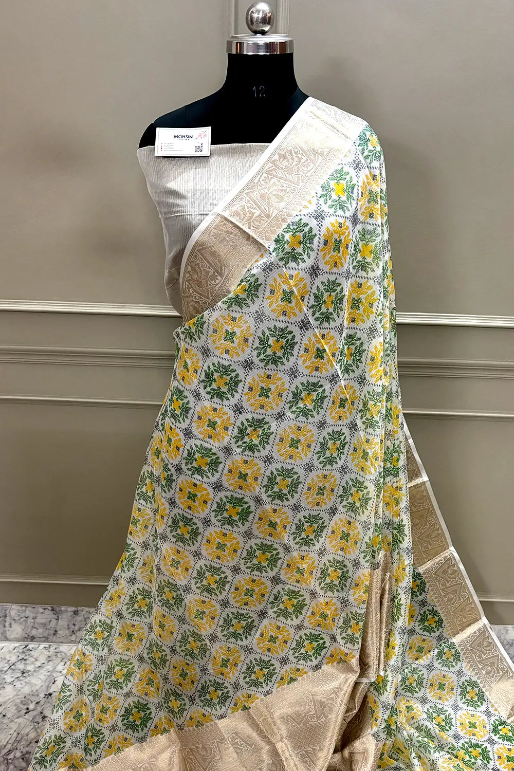 White Green Printed Muga Silk Banarasi Saree