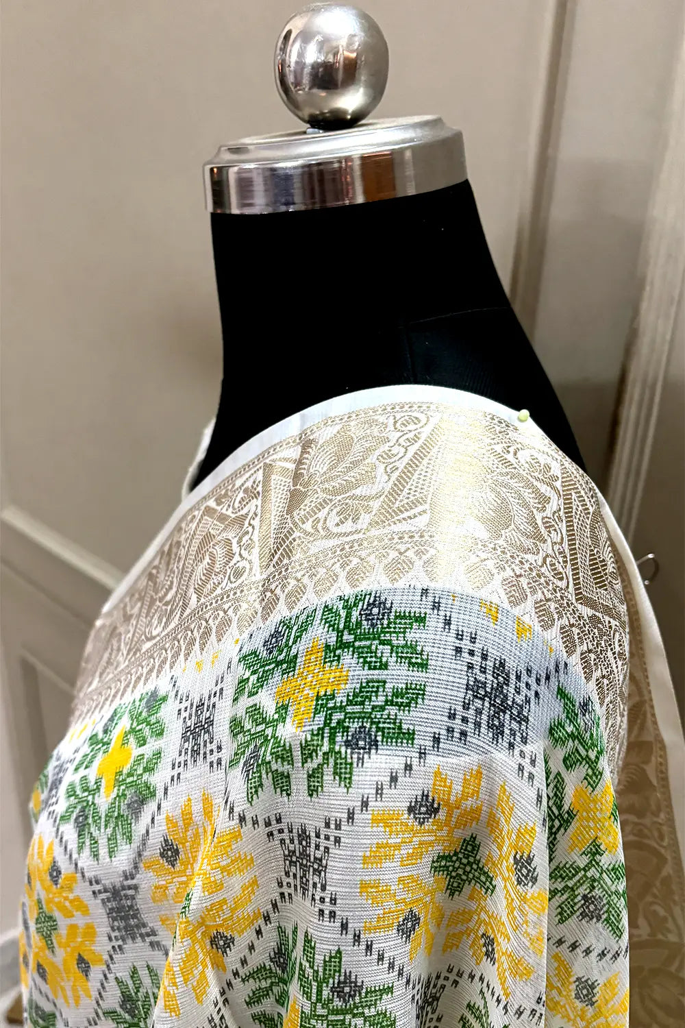 White Green Printed Muga Silk Banarasi Saree