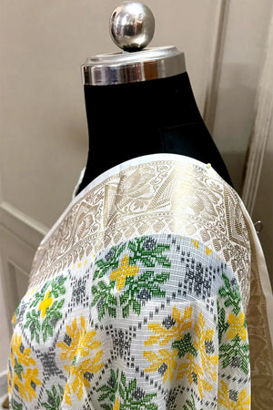 White Green Printed Muga Silk Banarasi Saree