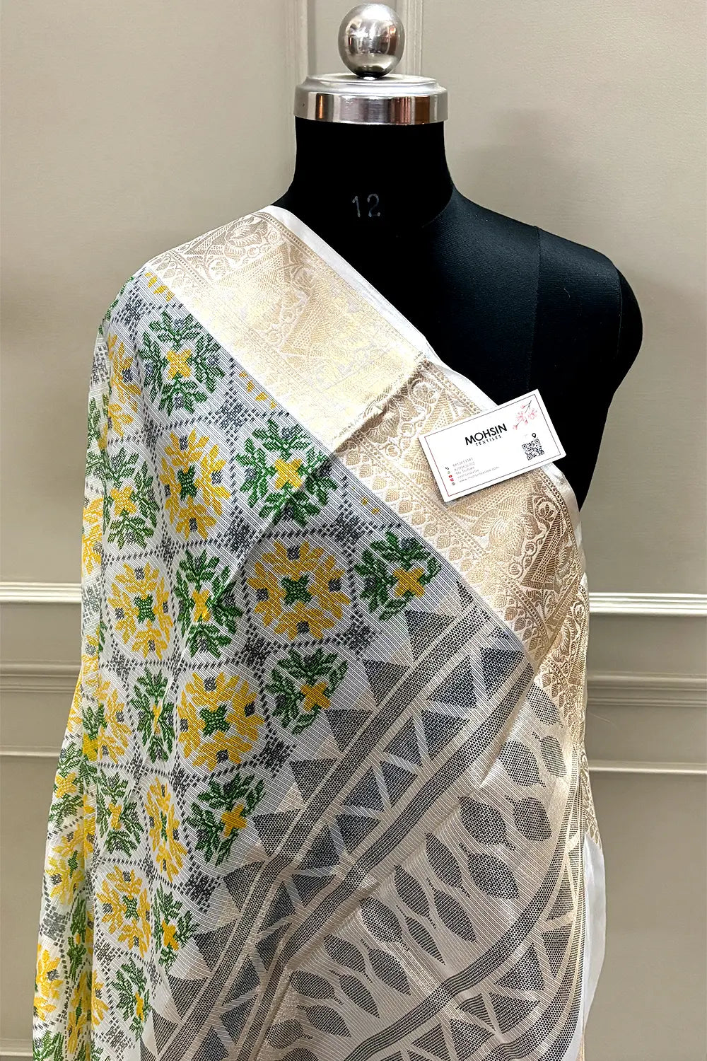 White Green Printed Muga Silk Banarasi Saree