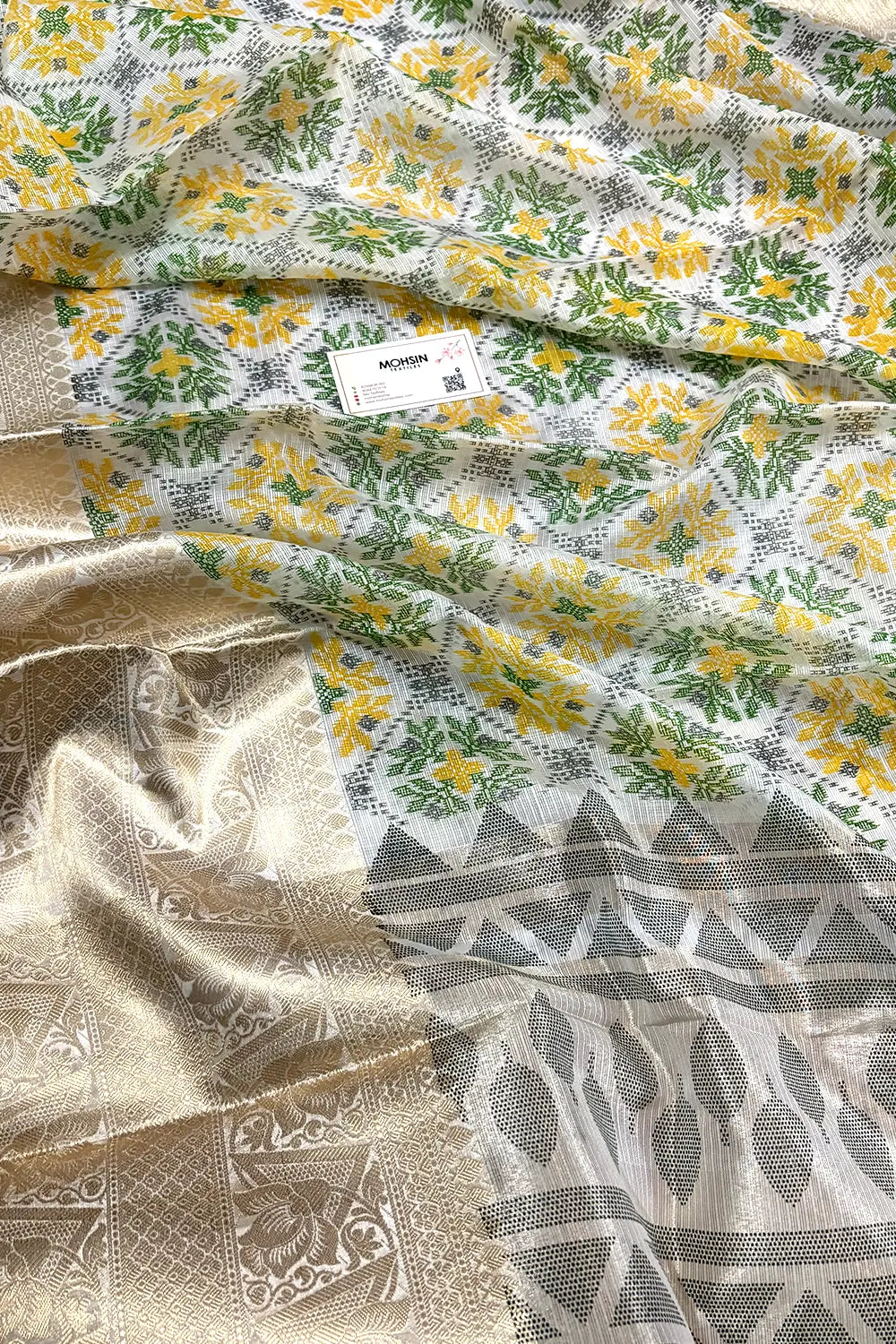 White Green Printed Muga Silk Banarasi Saree