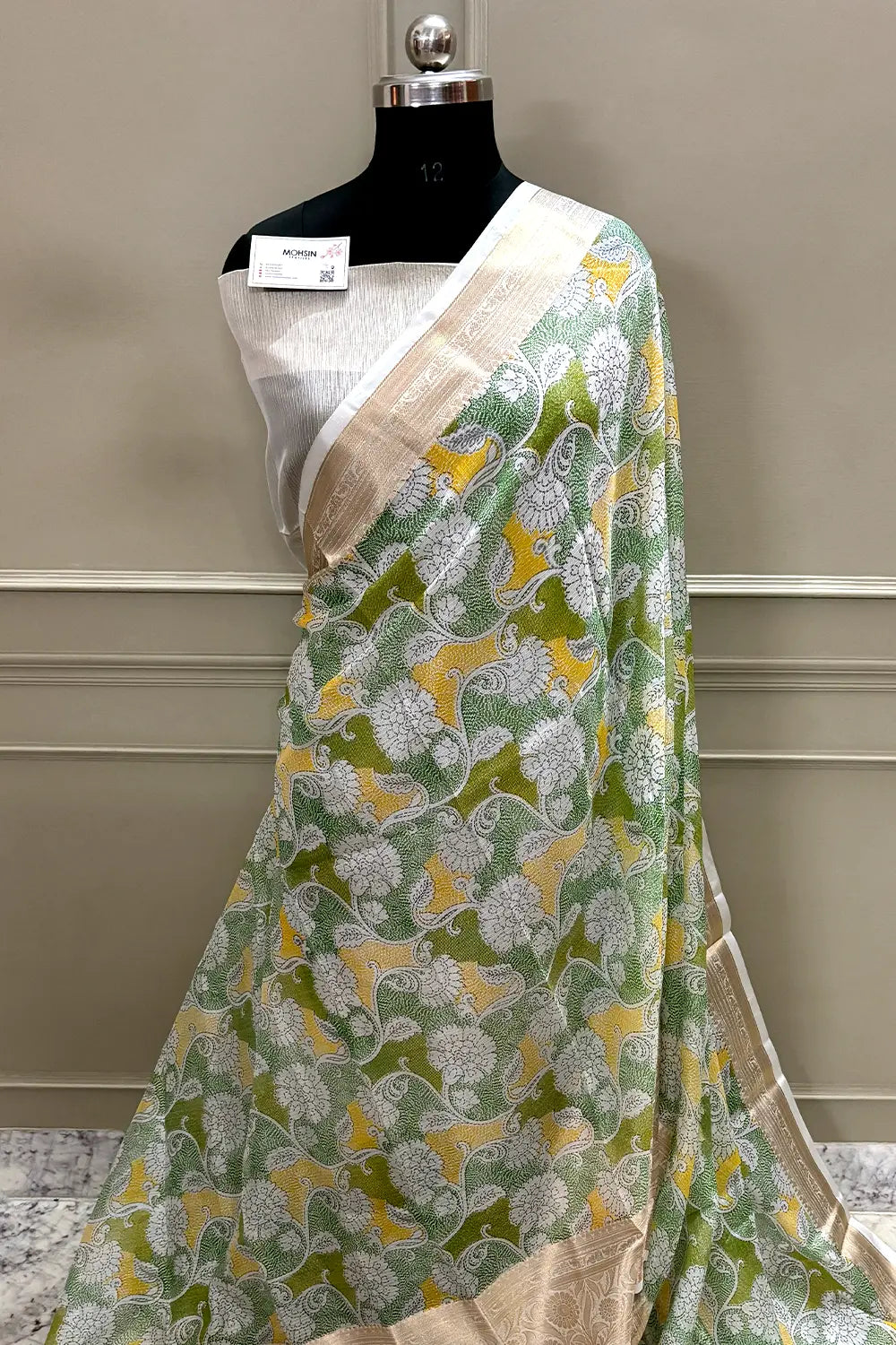 White Green Printed Muga Silk Banarasi Saree