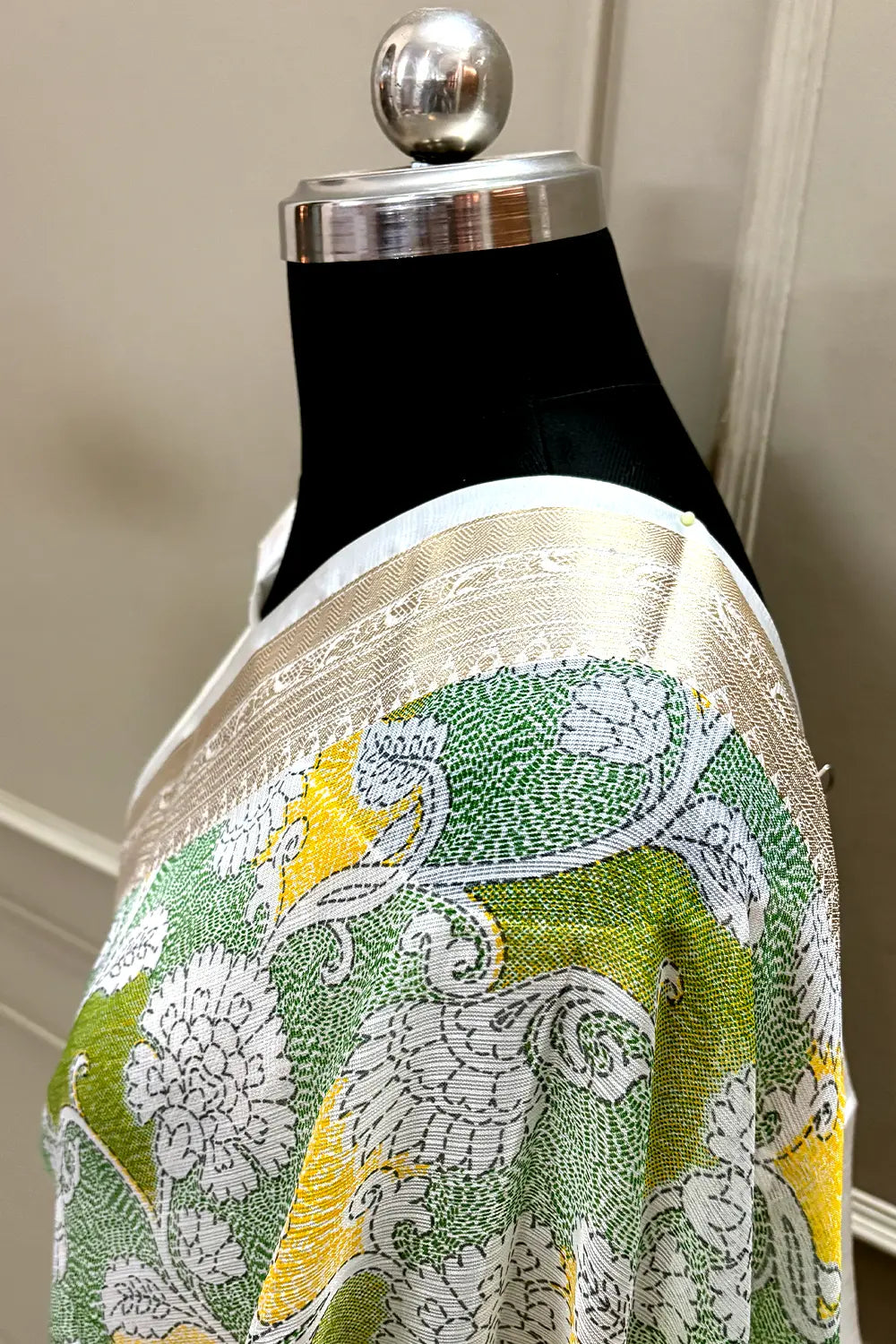 White Green Printed Muga Silk Banarasi Saree