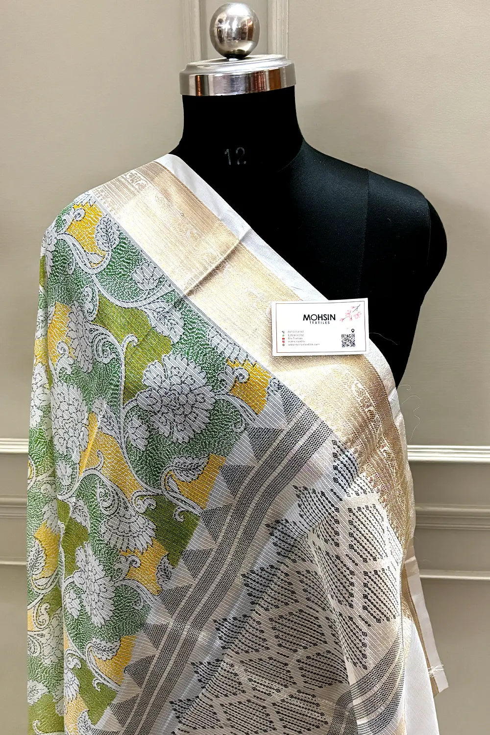 White Green Printed Muga Silk Banarasi Saree