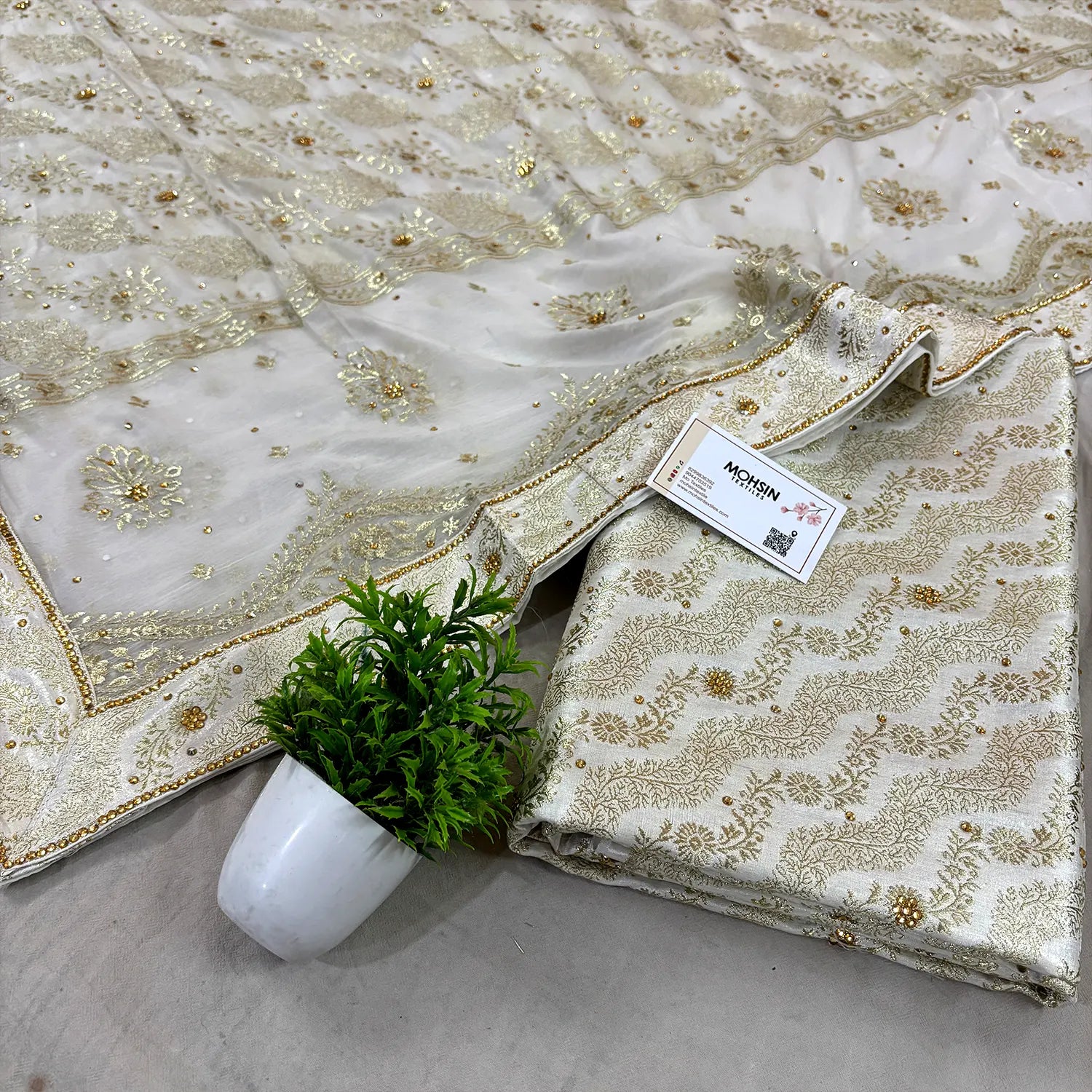 White Jharna Laher Stone Work Kimkhab Silk Banarasi Gharara