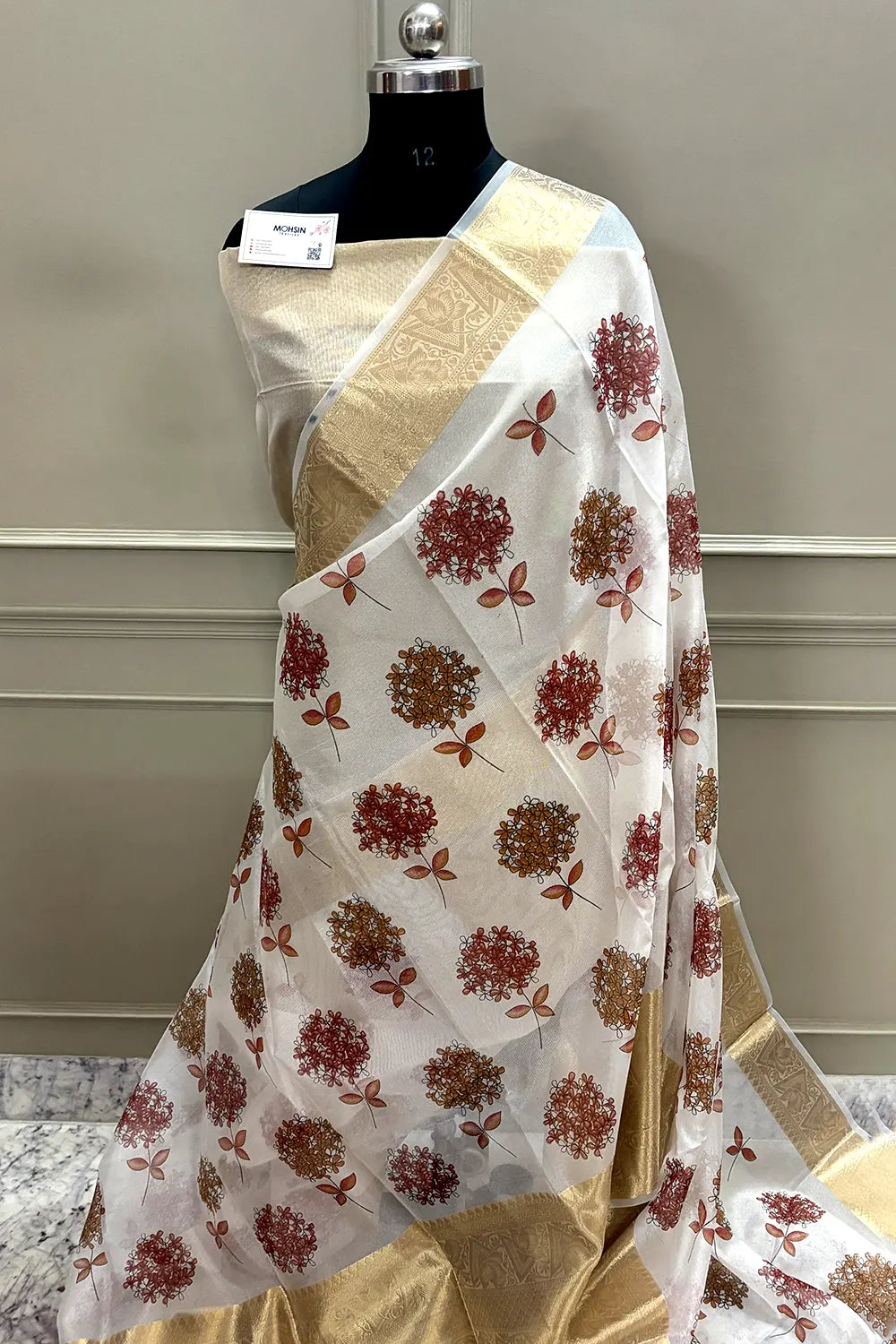 White Maroon Printed Muga Silk Banarasi Saree