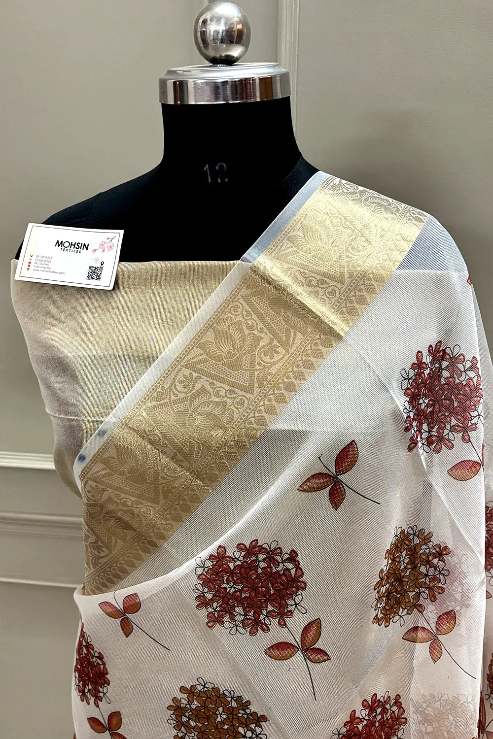 White Maroon Printed Muga Silk Banarasi Saree