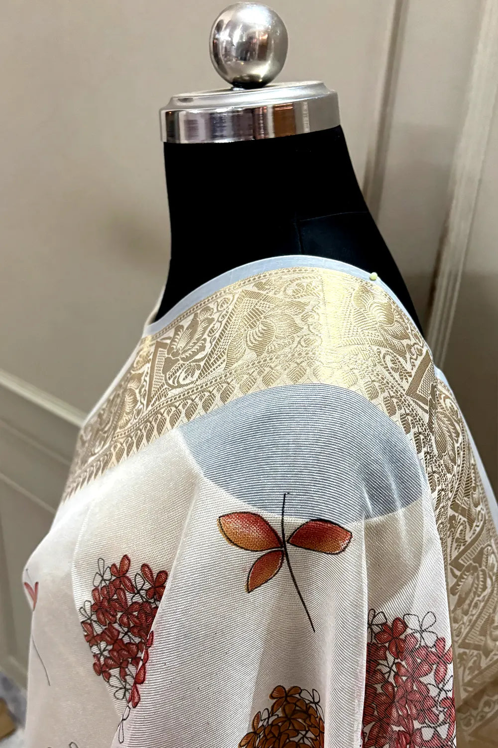White Maroon Printed Muga Silk Banarasi Saree