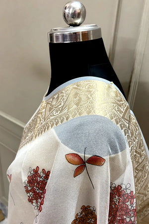 White Maroon Printed Muga Silk Banarasi Saree