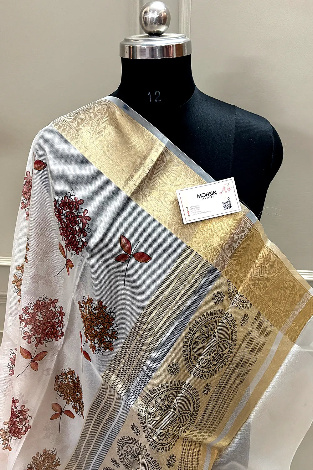 White Maroon Printed Muga Silk Banarasi Saree