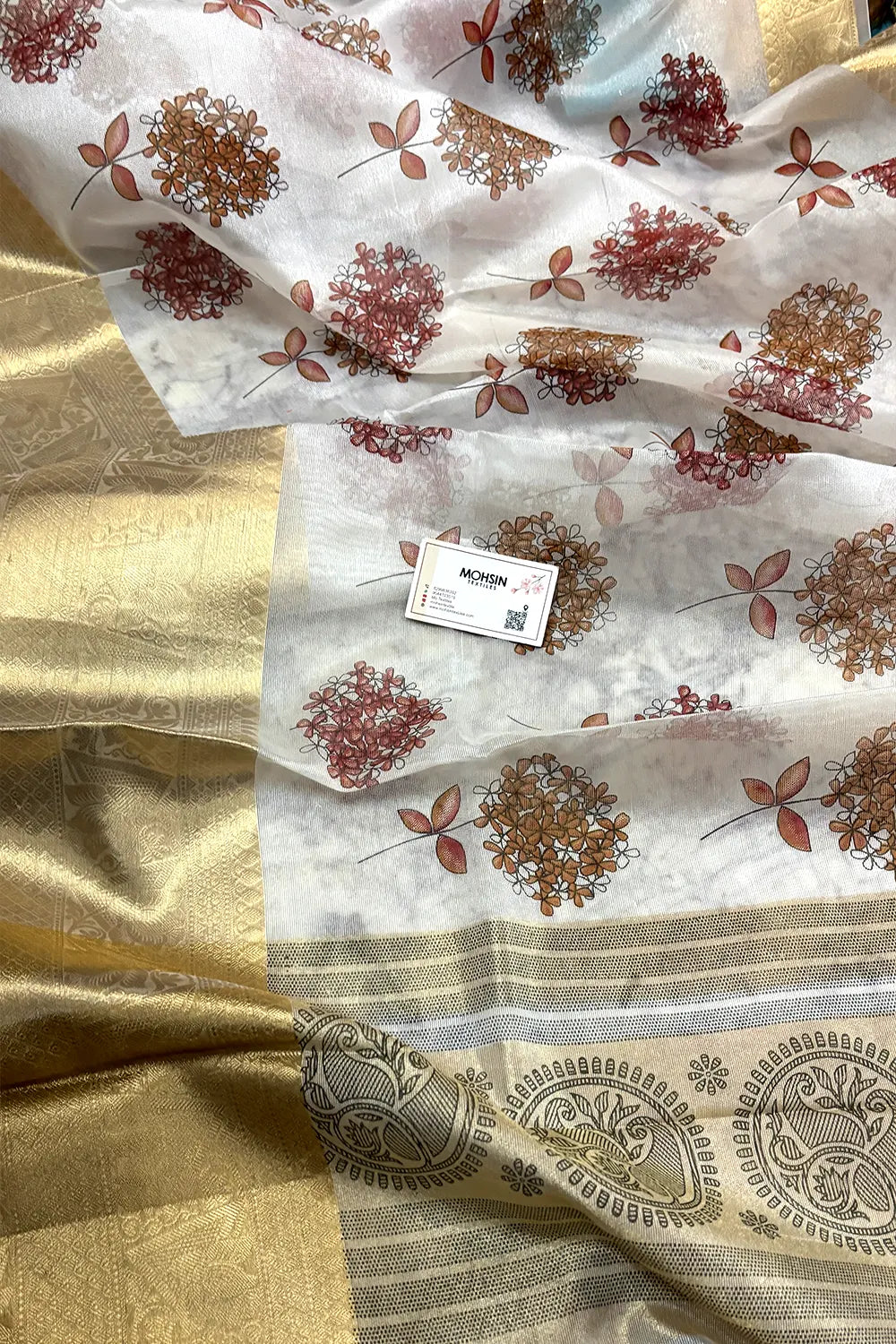 White Maroon Printed Muga Silk Banarasi Saree