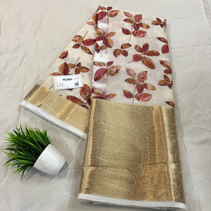 White Maroon Printed Muga Silk Banarasi Saree
