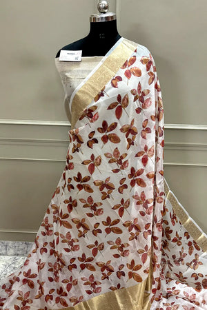 White Maroon Printed Muga Silk Banarasi Saree