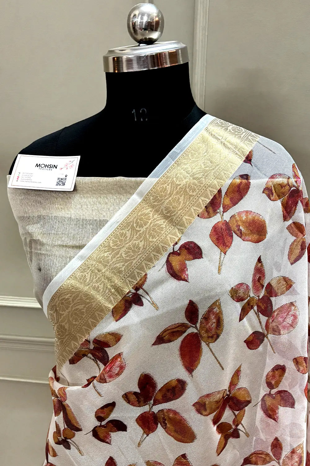 White Maroon Printed Muga Silk Banarasi Saree