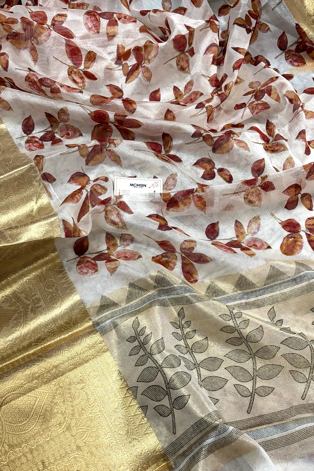 White Maroon Printed Muga Silk Banarasi Saree