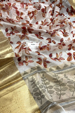 White Maroon Printed Muga Silk Banarasi Saree