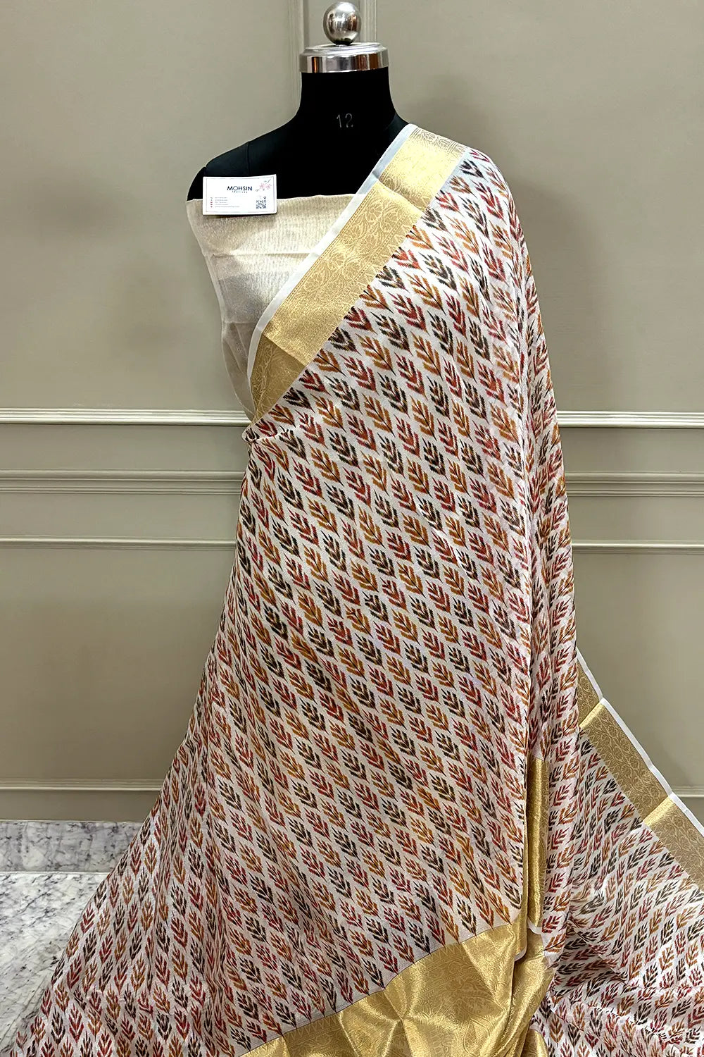 White Maroon Printed Muga Silk Banarasi Saree