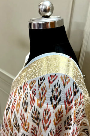 White Maroon Printed Muga Silk Banarasi Saree