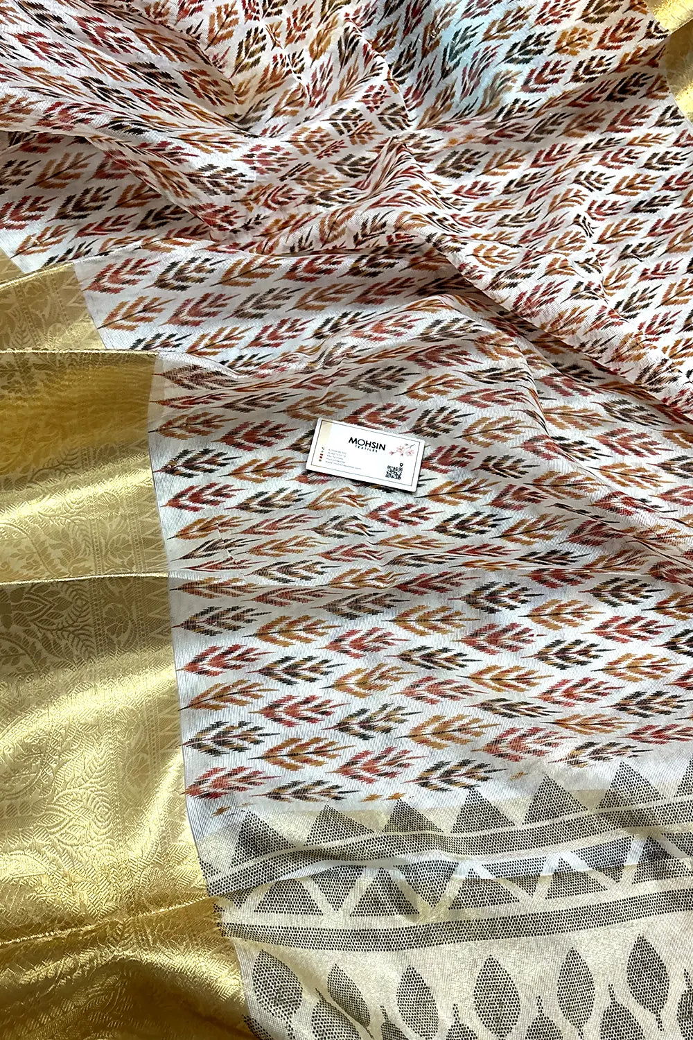White Maroon Printed Muga Silk Banarasi Saree