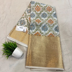 White Mehendi Printed Muga Silk Banarasi Saree