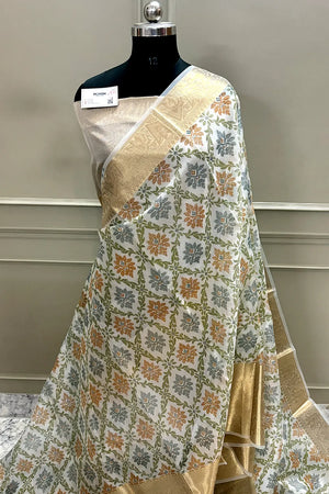 White Mehendi Printed Muga Silk Banarasi Saree