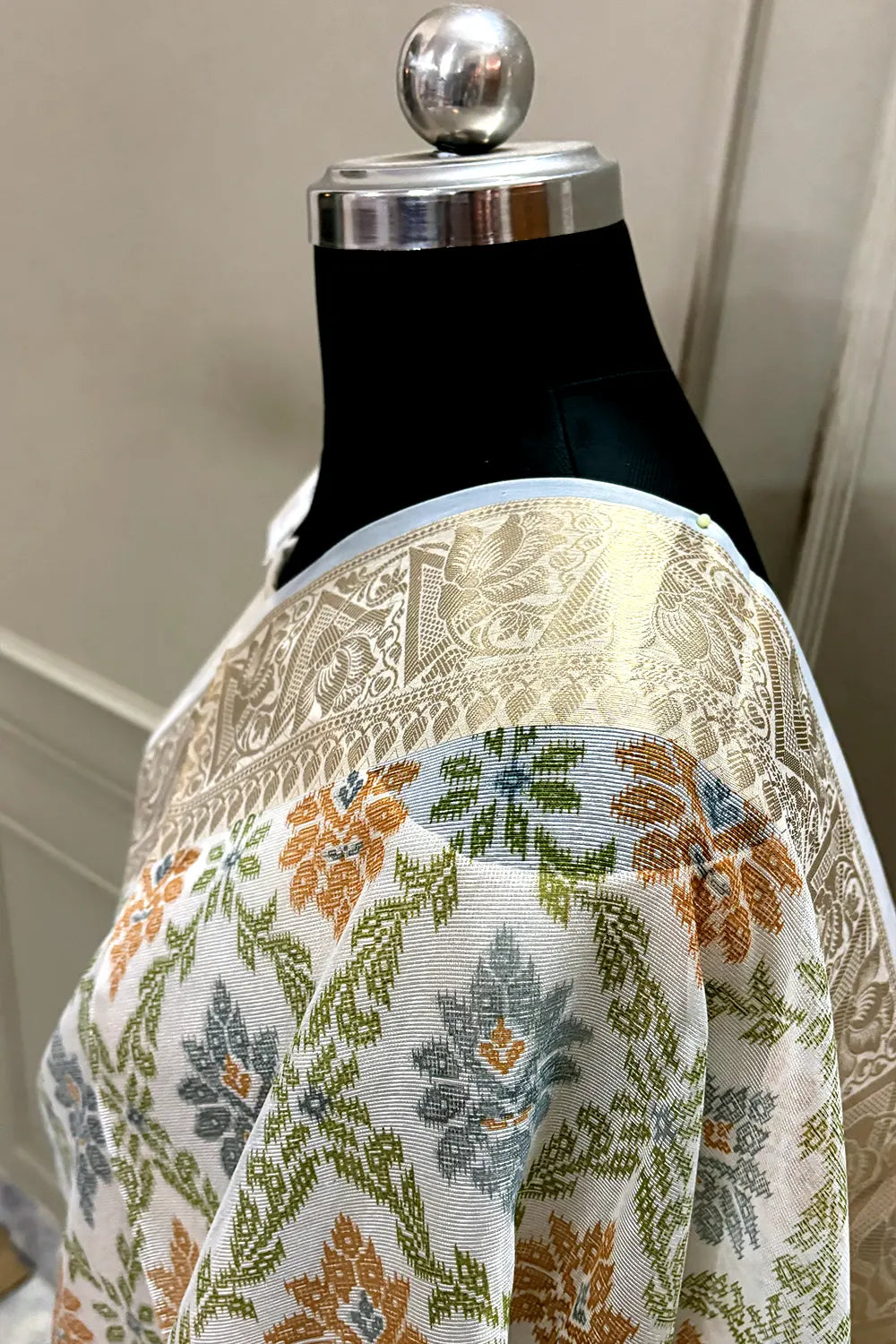 White Mehendi Printed Muga Silk Banarasi Saree