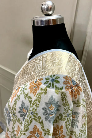 White Mehendi Printed Muga Silk Banarasi Saree