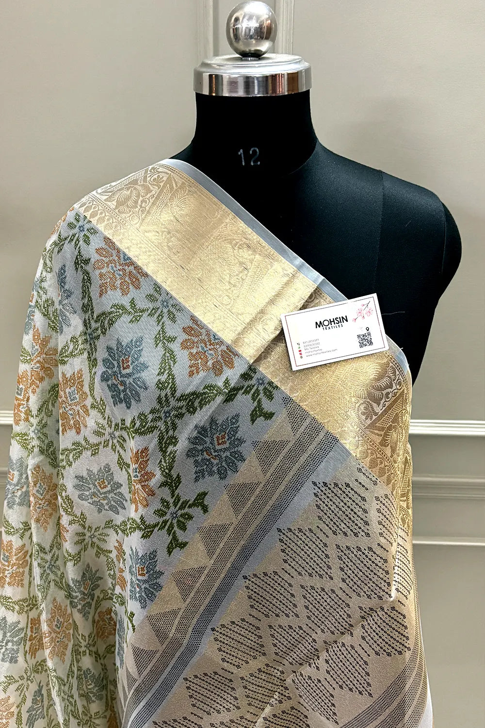 White Mehendi Printed Muga Silk Banarasi Saree