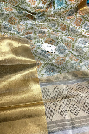 White Mehendi Printed Muga Silk Banarasi Saree