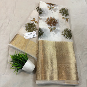 White Mehendi Printed Muga Silk Banarasi Saree