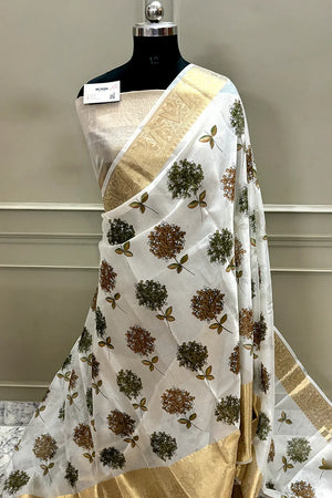 White Mehendi Printed Muga Silk Banarasi Saree