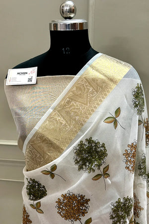 White Mehendi Printed Muga Silk Banarasi Saree