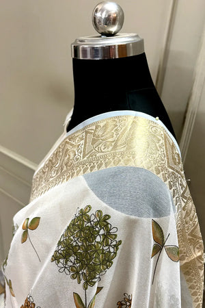 White Mehendi Printed Muga Silk Banarasi Saree