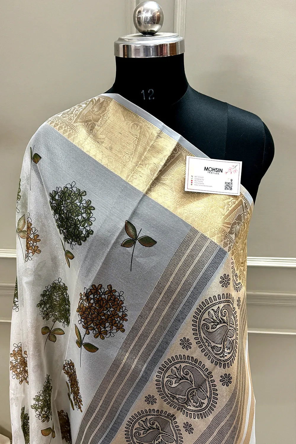 White Mehendi Printed Muga Silk Banarasi Saree
