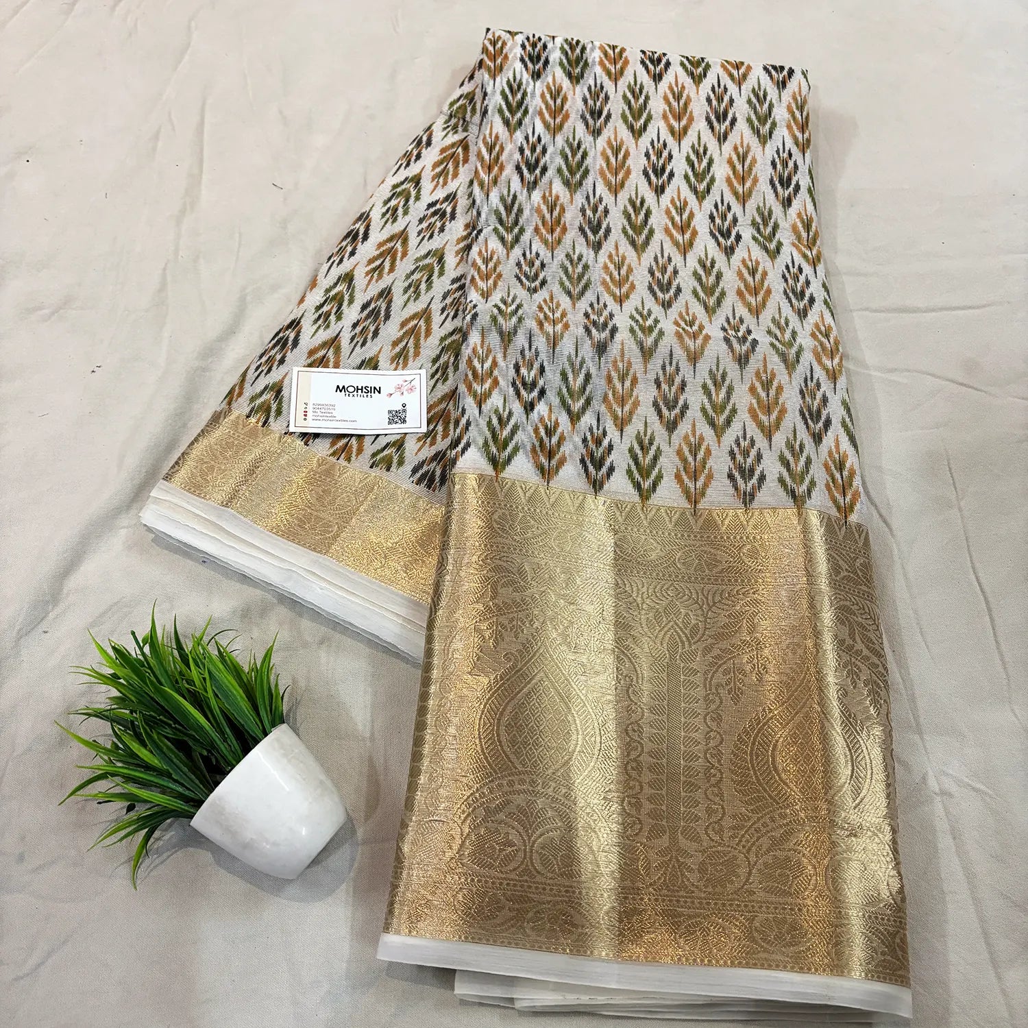 White Mehendi Printed Muga Silk Banarasi Saree