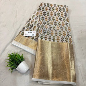 White Mehendi Printed Muga Silk Banarasi Saree