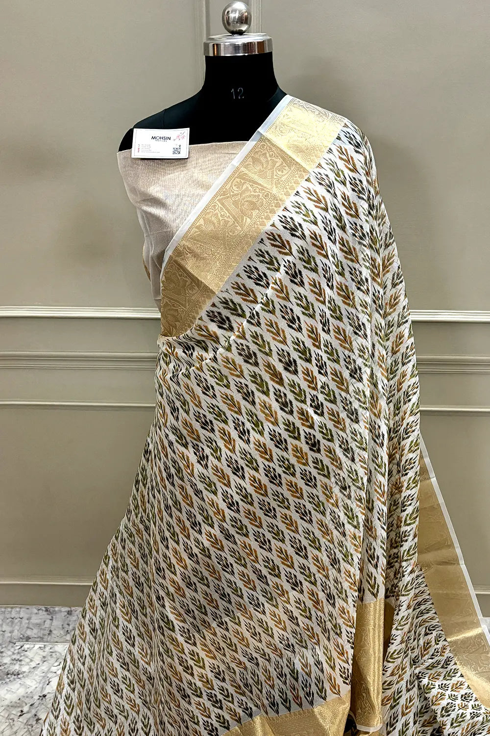 White Mehendi Printed Muga Silk Banarasi Saree