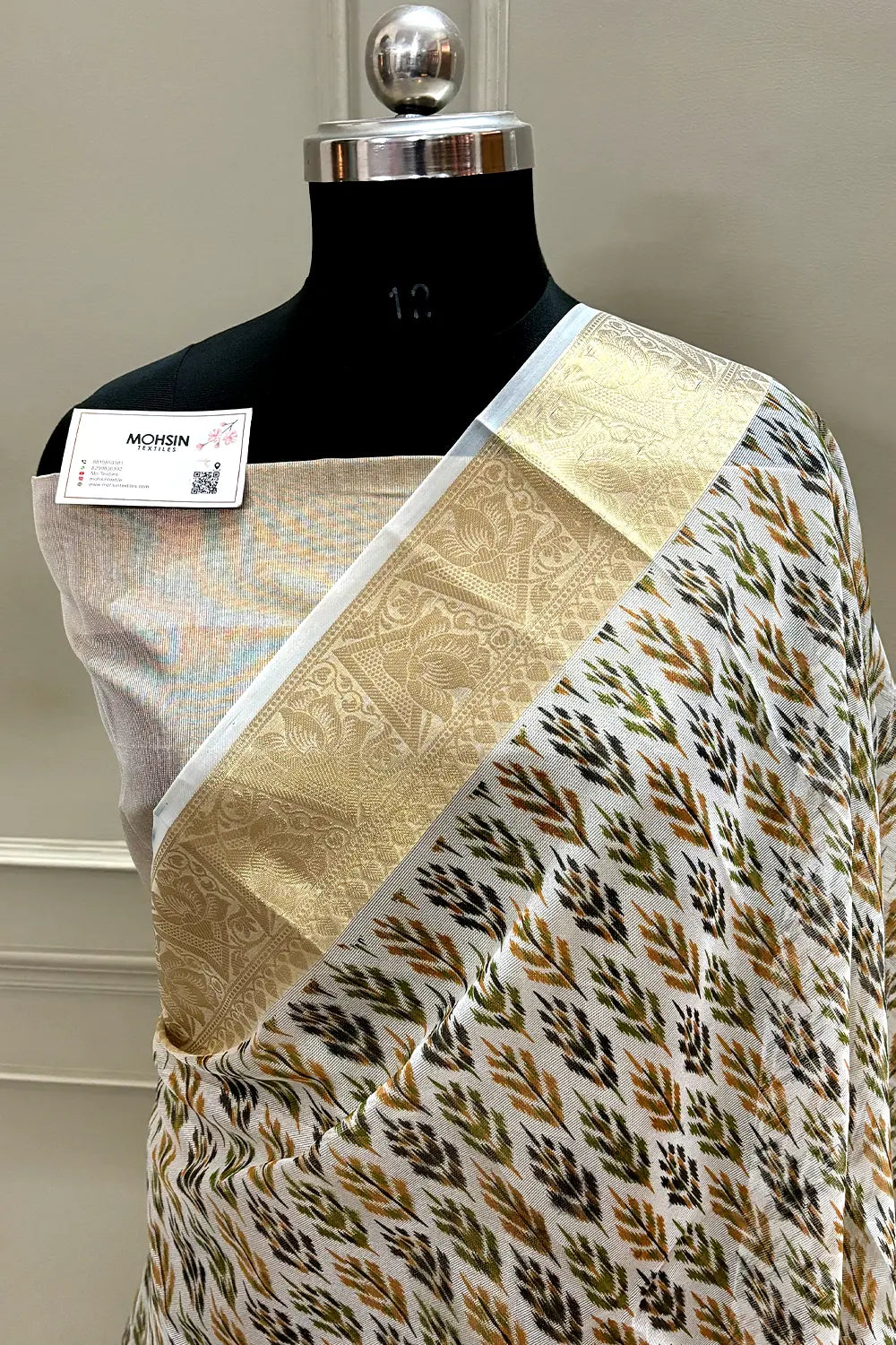 White Mehendi Printed Muga Silk Banarasi Saree