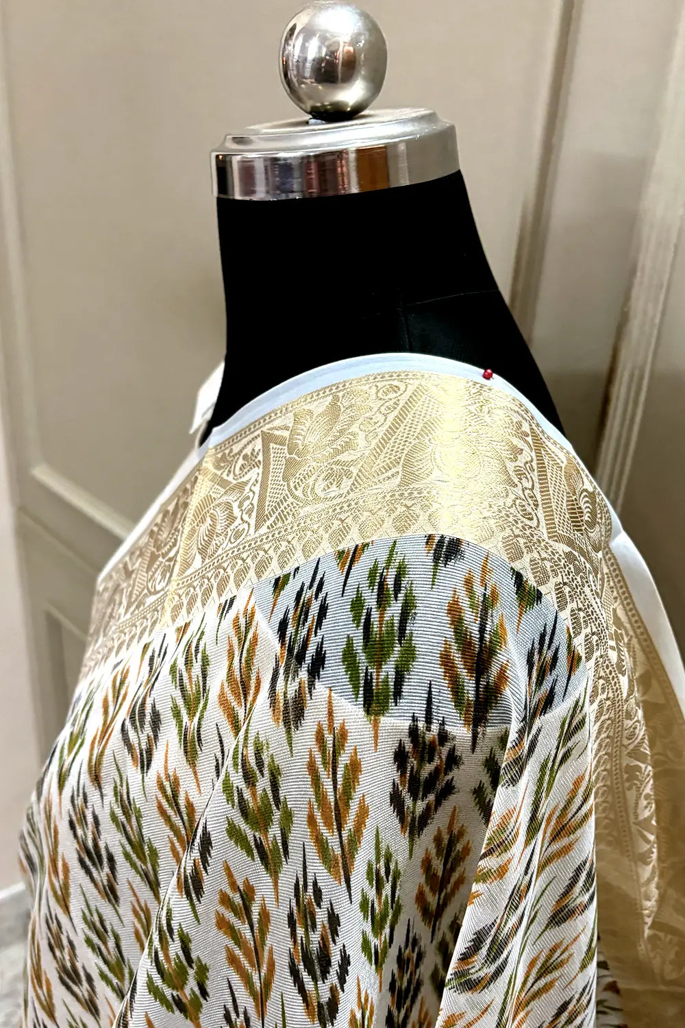 White Mehendi Printed Muga Silk Banarasi Saree