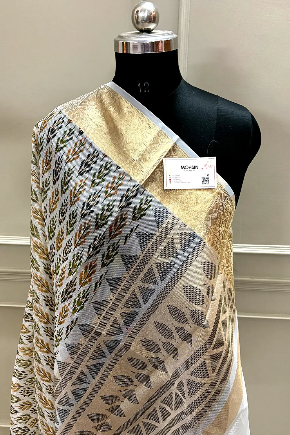 White Mehendi Printed Muga Silk Banarasi Saree