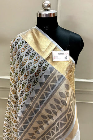 White Mehendi Printed Muga Silk Banarasi Saree