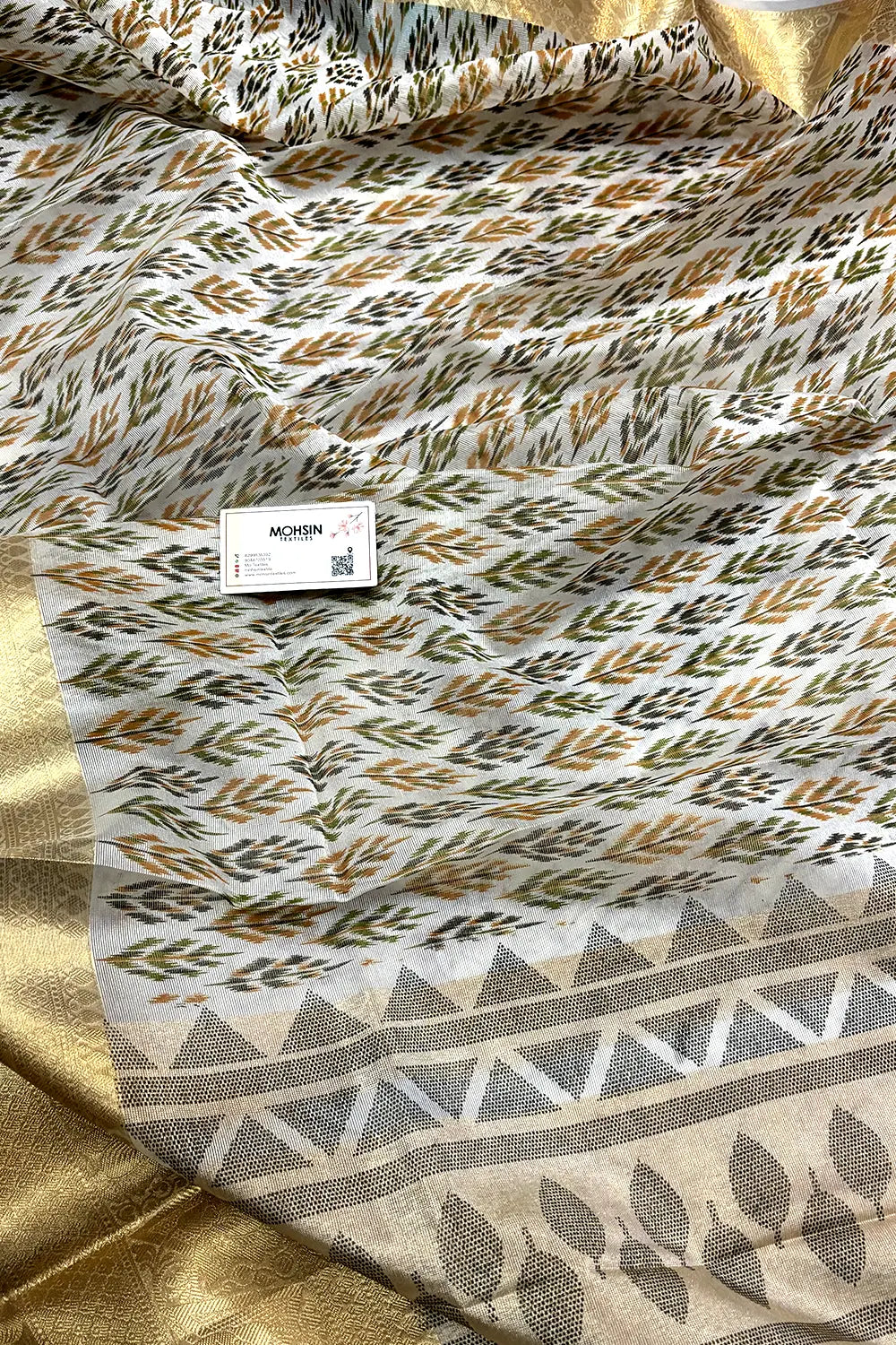 White Mehendi Printed Muga Silk Banarasi Saree