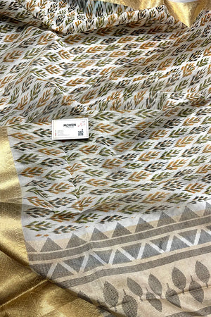 White Mehendi Printed Muga Silk Banarasi Saree