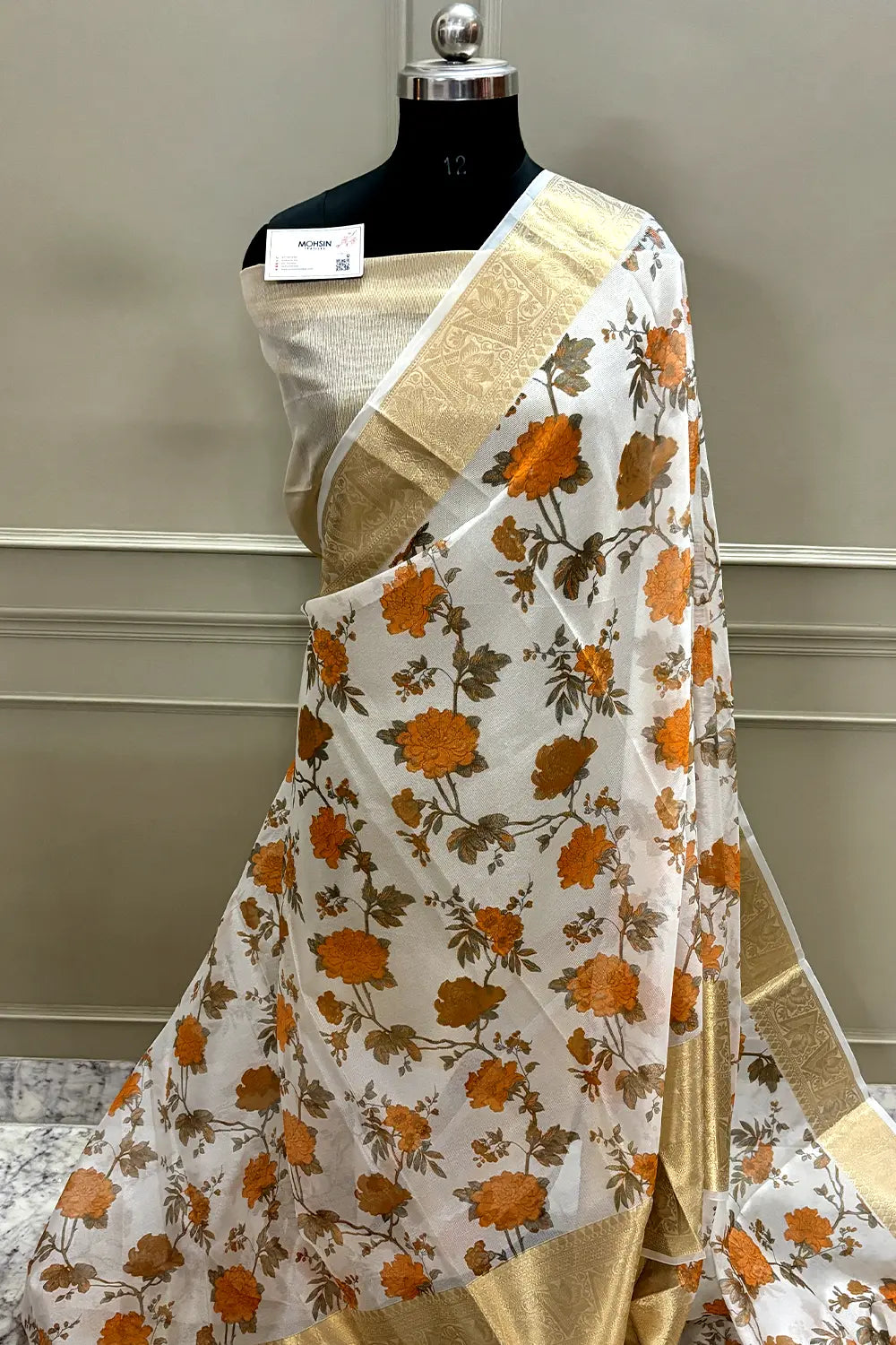 White Orange Printed Muga Silk Banarasi Saree