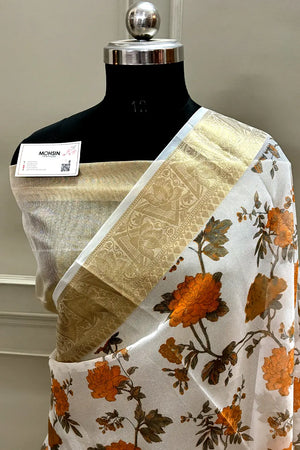 White Orange Printed Muga Silk Banarasi Saree