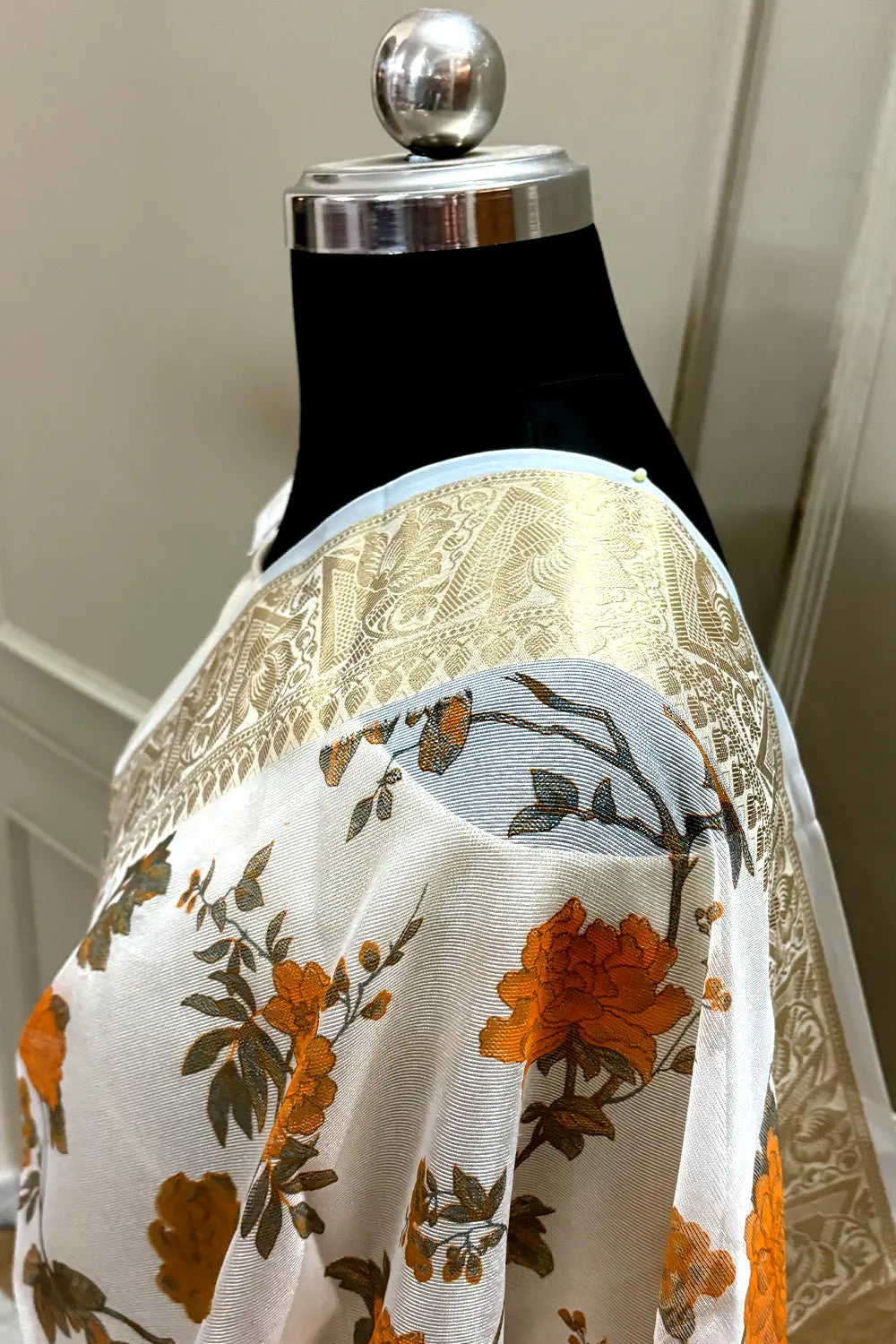 White Orange Printed Muga Silk Banarasi Saree