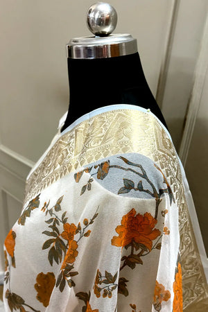 White Orange Printed Muga Silk Banarasi Saree